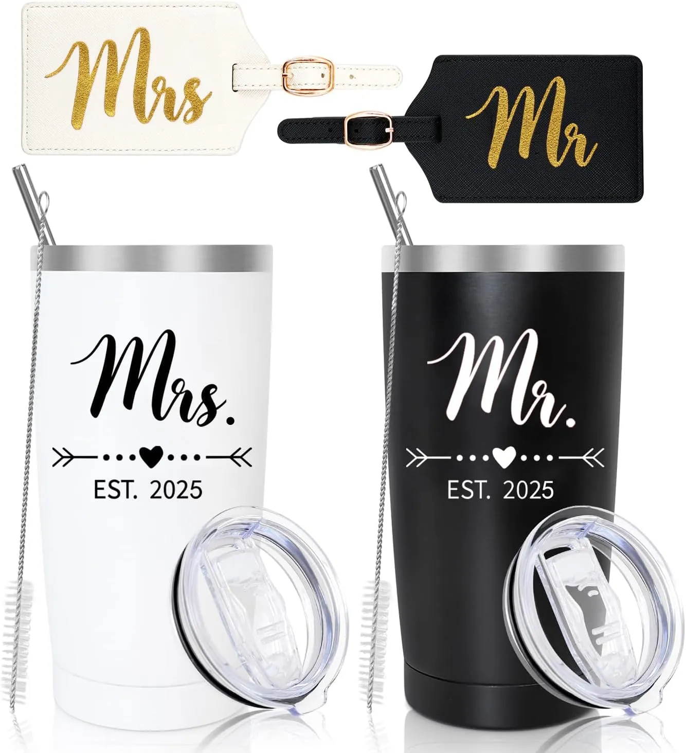 DHQH Personalized Mr and Mrs EST 2025 Gift Stainless Steel Travel Tumbler & Leather Luggage Tag Set - Wedding Gifts for Couples 2025 Perfect Newlywed, Engagemen and Bridal Shower Gifts