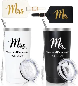 DHQH Personalized Mr and Mrs EST 2025 Gift Stainless Steel Travel Tumbler & Leather Luggage Tag Set - Wedding Gifts for Couples 2025 Perfect Newlywed, Engagemen and Bridal Shower Gifts