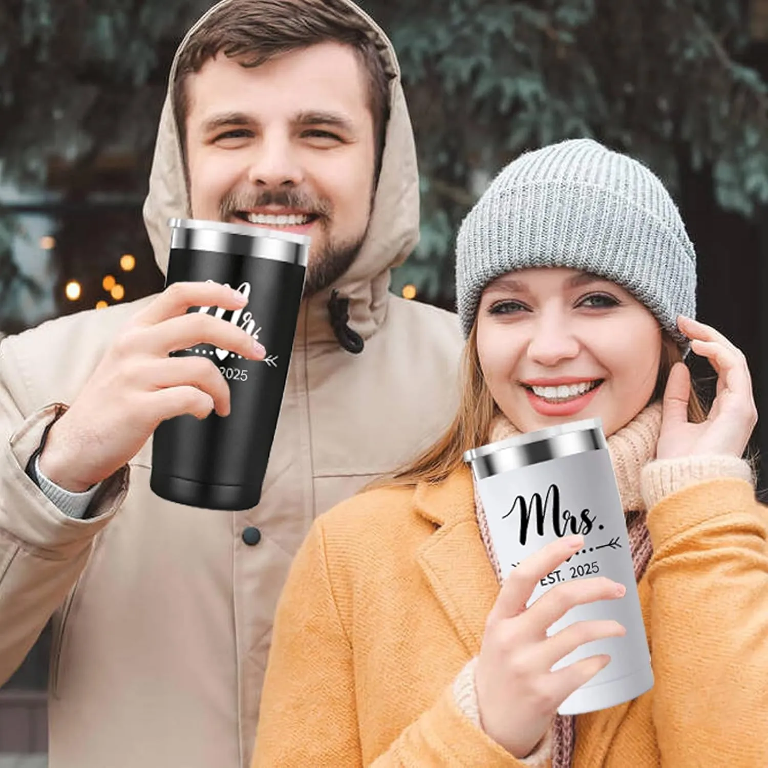 DHQH Personalized Mr and Mrs EST 2025 Gift Stainless Steel Travel Tumbler & Leather Luggage Tag Set - Wedding Gifts for Couples 2025 Perfect Newlywed, Engagemen and Bridal Shower Gifts