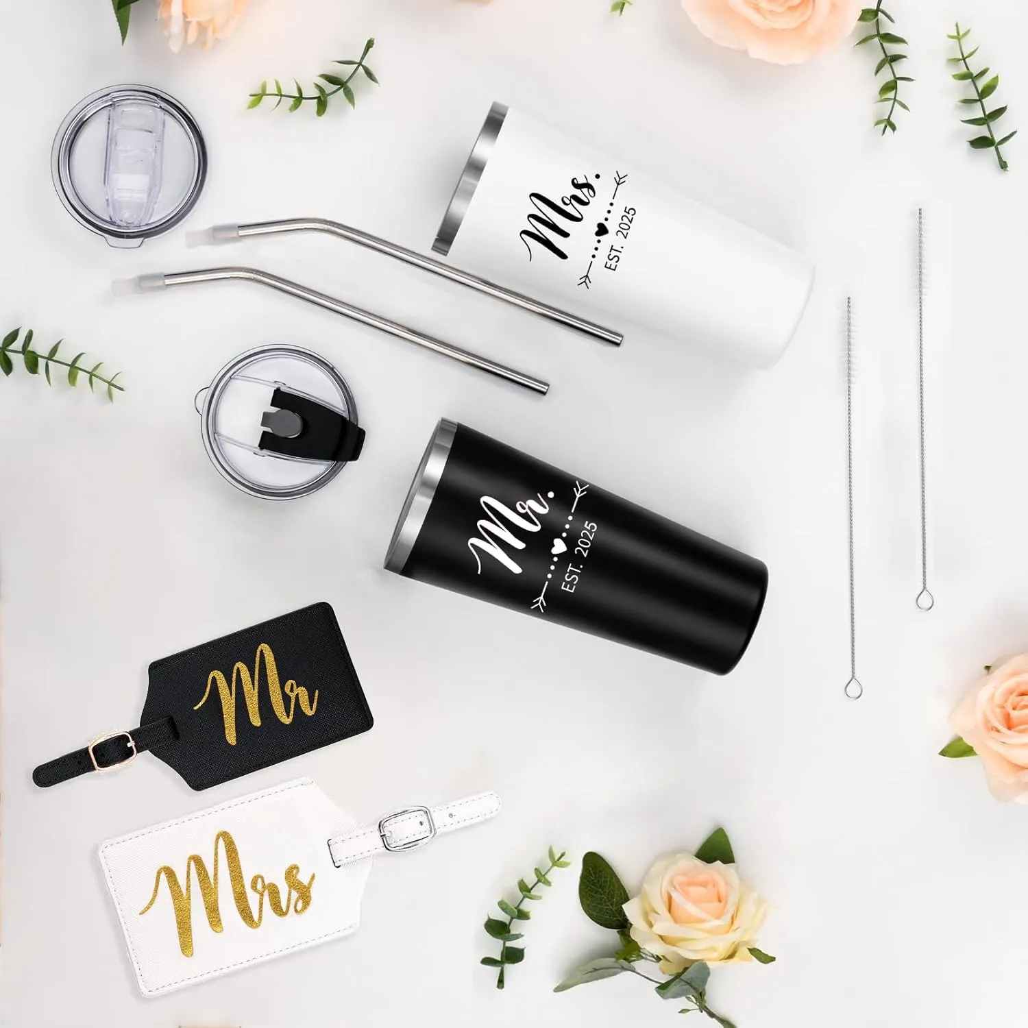 DHQH Personalized Mr and Mrs EST 2025 Gift Stainless Steel Travel Tumbler & Leather Luggage Tag Set - Wedding Gifts for Couples 2025 Perfect Newlywed, Engagemen and Bridal Shower Gifts
