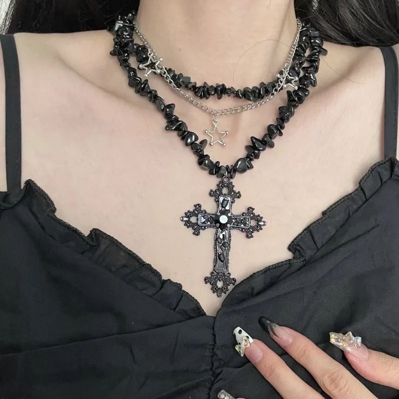 Diamond Star Cross Double Layer Hip-Hop Necklace