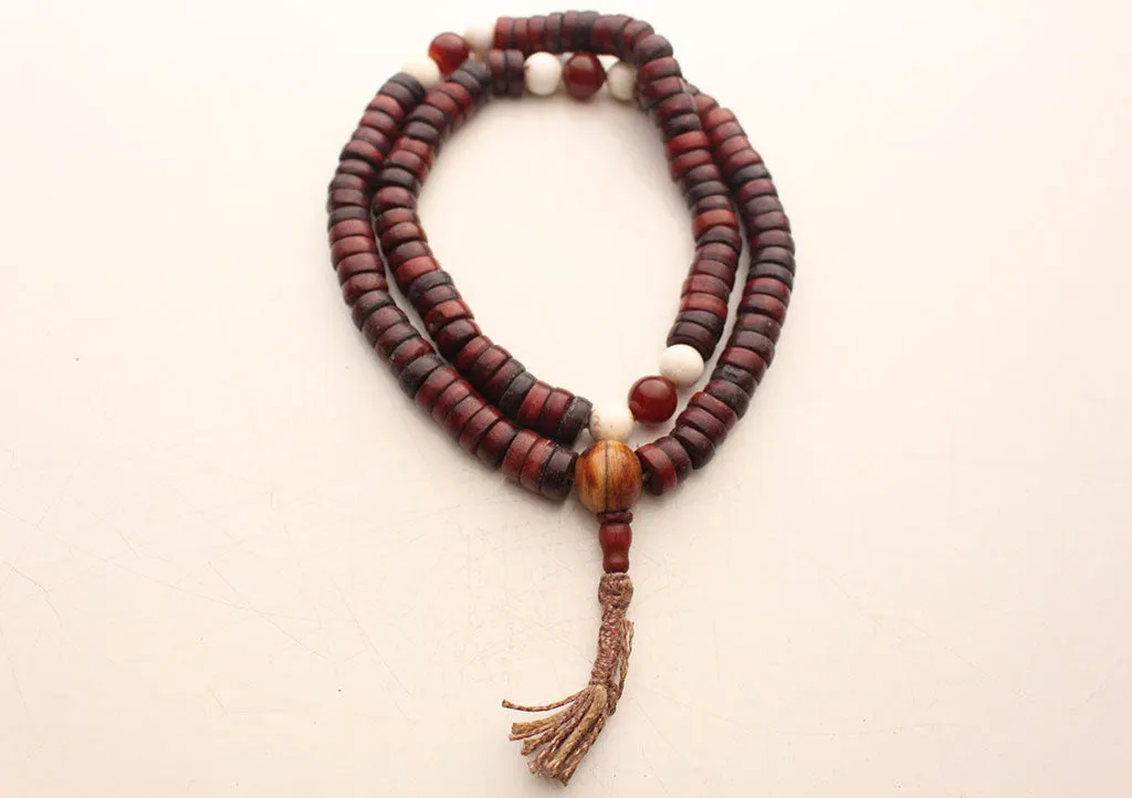 Disk Shaped Yak Bone Japa Mala with White Conch and Carmelian Beads Counter