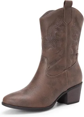 DREAM PAIRS Cowboy Boots for Women, Mid Calf Cowgirl Boots with Embroidery Round Toe Western Chunky Low Heel Shoes