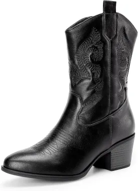 DREAM PAIRS Cowboy Boots for Women, Mid Calf Cowgirl Boots with Embroidery Round Toe Western Chunky Low Heel Shoes