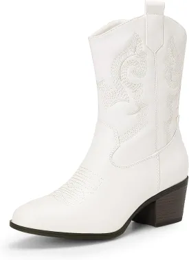 DREAM PAIRS Cowboy Boots for Women, Mid Calf Cowgirl Boots with Embroidery Round Toe Western Chunky Low Heel Shoes