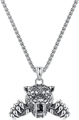 DUTACK Retro Stainless Steel Hip-Hop Ferocious Trendy Tiger Head claw Animal Pendant Necklace Men and Women Jewelry Gift box