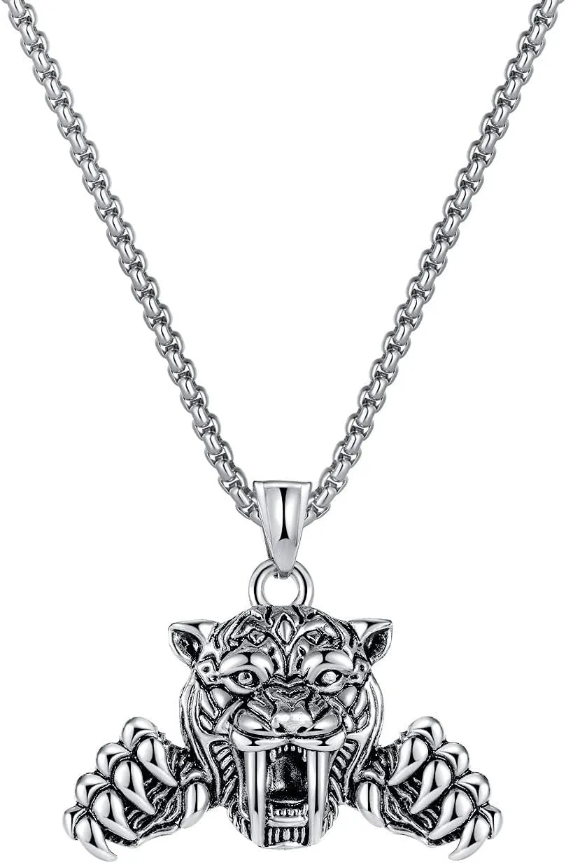 DUTACK Retro Stainless Steel Hip-Hop Ferocious Trendy Tiger Head claw Animal Pendant Necklace Men and Women Jewelry Gift box