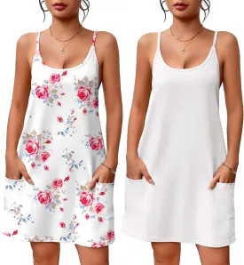 Ekouaer 2 Pack Sleeveless Nightgowns for Women with Pockets Spaghetti Strap Dress Racerback Chemise Sexy Night Gowns S-2XL
