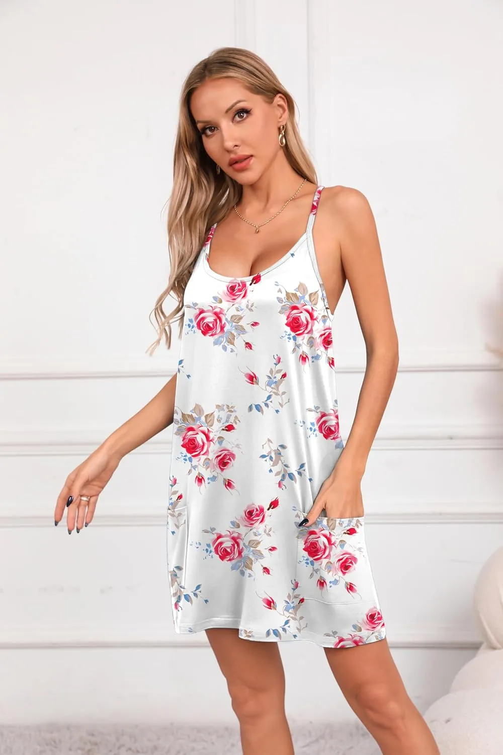 Ekouaer 2 Pack Sleeveless Nightgowns for Women with Pockets Spaghetti Strap Dress Racerback Chemise Sexy Night Gowns S-2XL
