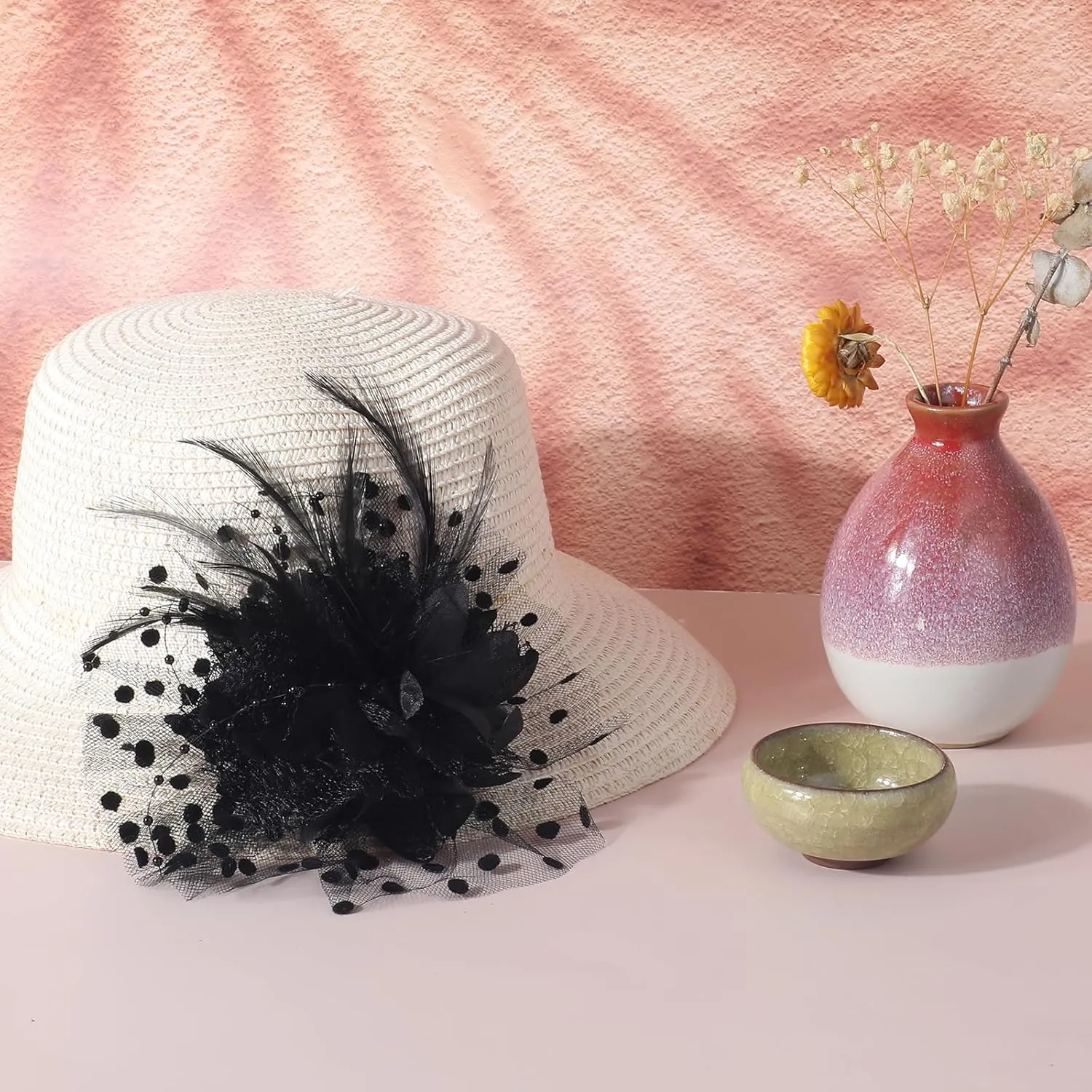 Fascinators Hats for Women Tea Party, Headband Flower Cocktail Mesh Feather Hat Clip Wedding Carnival Derby Hat (Black)