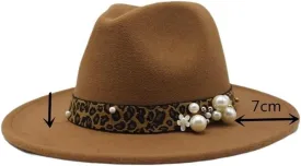 Fashion Leopard Texture Pearl Wool Hat Men and Women Jazz Hat Autumn and Winter Versatile Felt Hat Flat Brim Hat with Leopard Belt Fengyan Cowboy Hats (Color : Light Coffee, Size : 56-58cm)