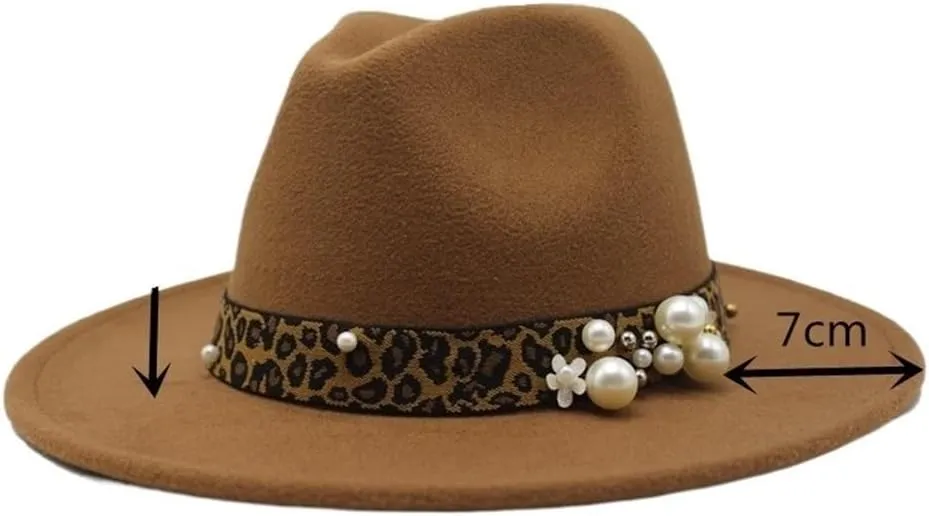 Fashion Leopard Texture Pearl Wool Hat Men and Women Jazz Hat Autumn and Winter Versatile Felt Hat Flat Brim Hat with Leopard Belt Fengyan Cowboy Hats (Color : Light Coffee, Size : 56-58cm)