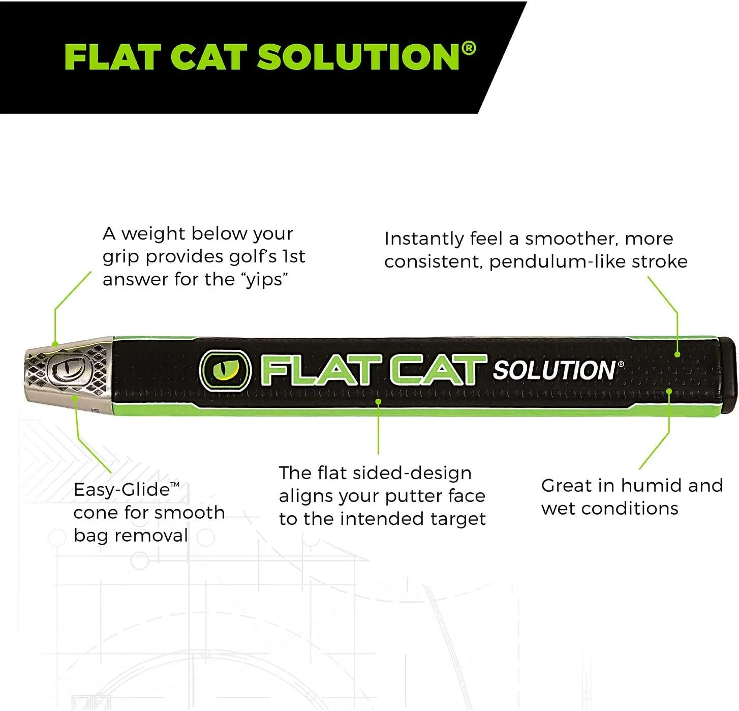 FLAT CAT Solution Putter Grip Svelte, Weighted Grip Reduces The Yips, Oversized Non-Tapered Golf Grip, Flat Sides Put The Putter Face in The Palm of Your Hand