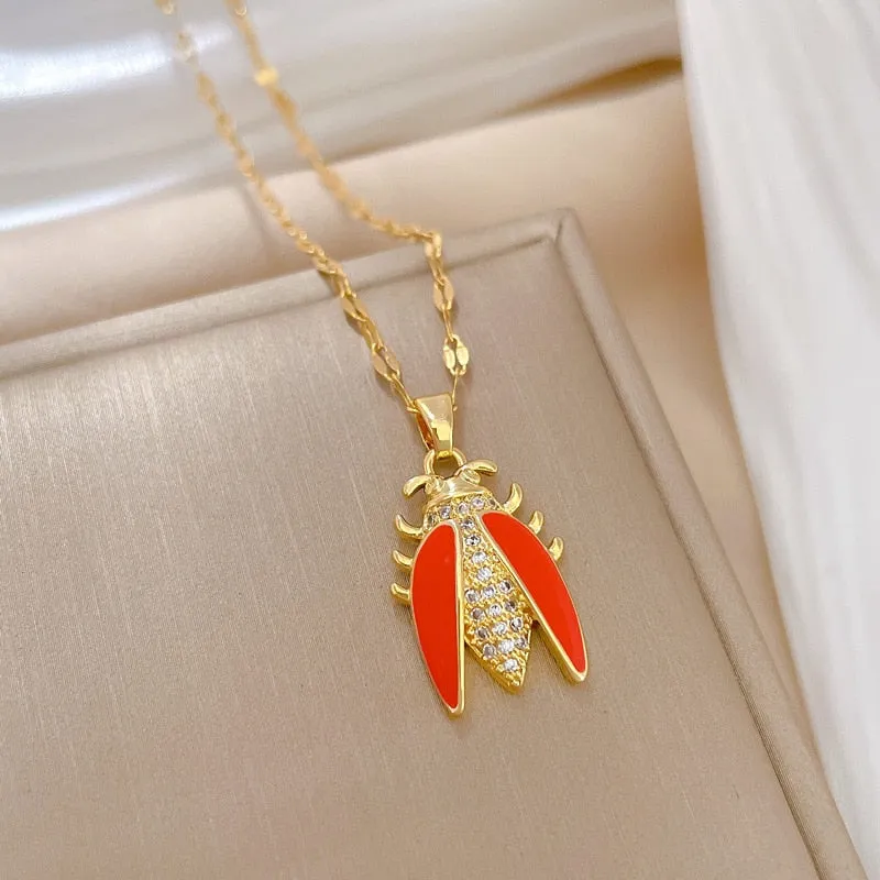 Gold Plated Temperament Animal Cicada Gemstone Pendant Girl Necklace
