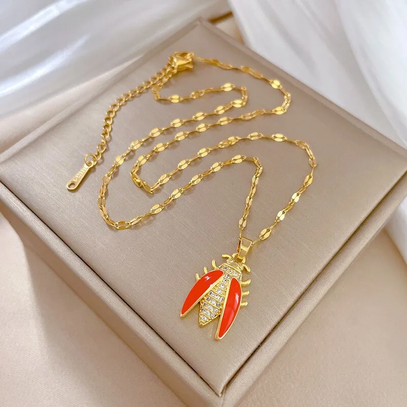 Gold Plated Temperament Animal Cicada Gemstone Pendant Girl Necklace