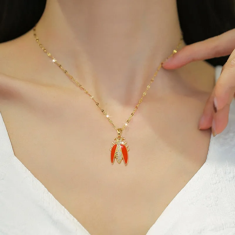 Gold Plated Temperament Animal Cicada Gemstone Pendant Girl Necklace