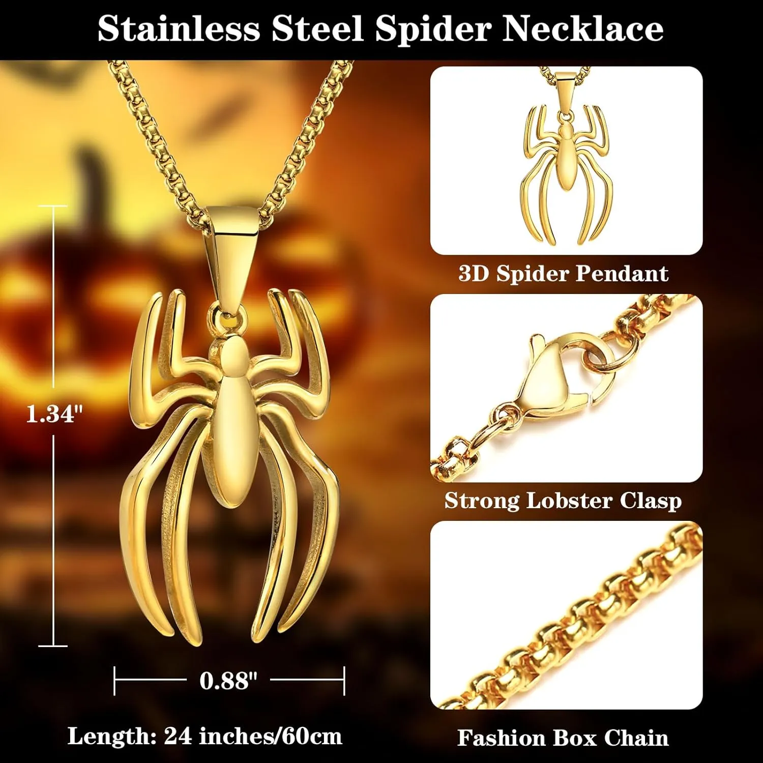 Hisatan Spider-Man Necklace for Men & Women - Stainless Steel Spider Pendant Chain, Silver/Gold/Black Necklace Jewelry Accessories Cool Gifts for Spiderman Fans, 24 Inches Box Chain