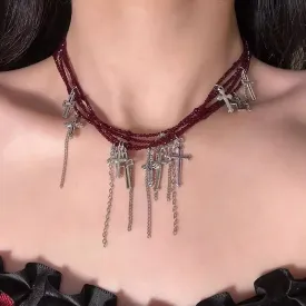 Japanese Dark Cross Layered Tassel Red Beaded Punk Choker Necklace