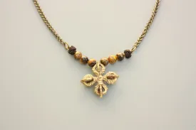 Javitri Faceted Tiger eye and Brass Buddhist cross Necklace