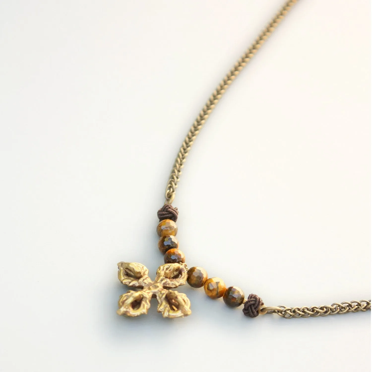 Javitri Faceted Tiger eye and Brass Buddhist cross Necklace