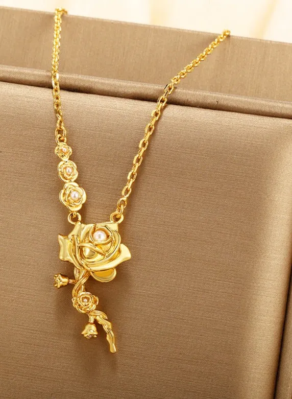 Jewelry Rose Necklace Women's French Retro Imitation Pearl Flower Clavicle Chain Light Luxury Simple Flower Necklace