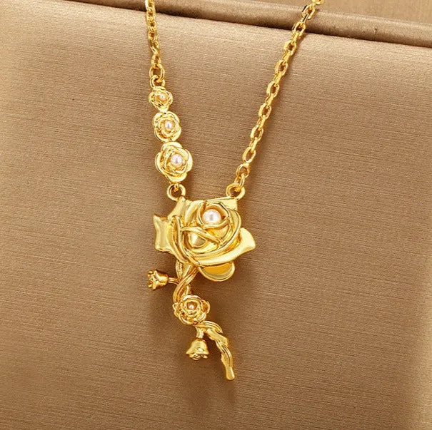 Jewelry Rose Necklace Women's French Retro Imitation Pearl Flower Clavicle Chain Light Luxury Simple Flower Necklace