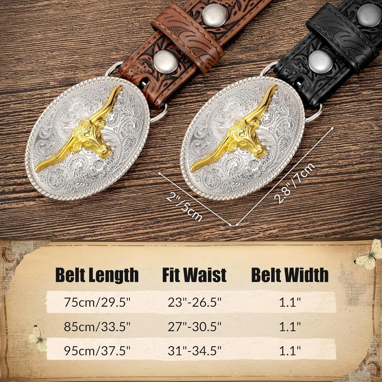 Kids Western Belt for Boys Girls, Embossed Genuine Leather Cowboy Cowgirl Belt for Jeans Pant Dresses Gift