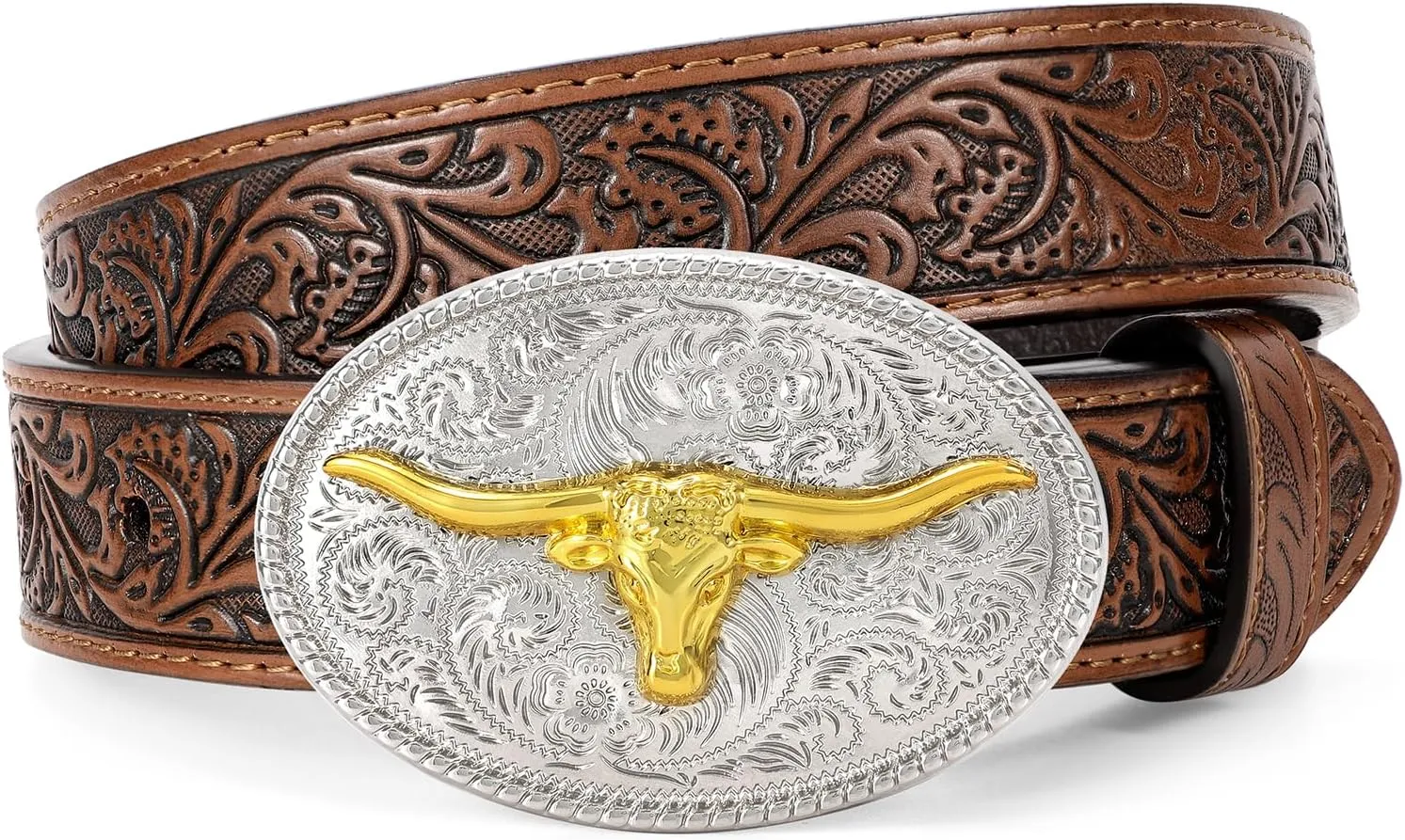 Kids Western Belt for Boys Girls, Embossed Genuine Leather Cowboy Cowgirl Belt for Jeans Pant Dresses Gift