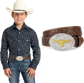 Kids Western Belt for Boys Girls, Embossed Genuine Leather Cowboy Cowgirl Belt for Jeans Pant Dresses Gift