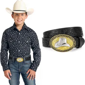 Kids Western Belt for Boys Girls, Embossed Genuine Leather Cowboy Cowgirl Belt for Jeans Pant Dresses Gift