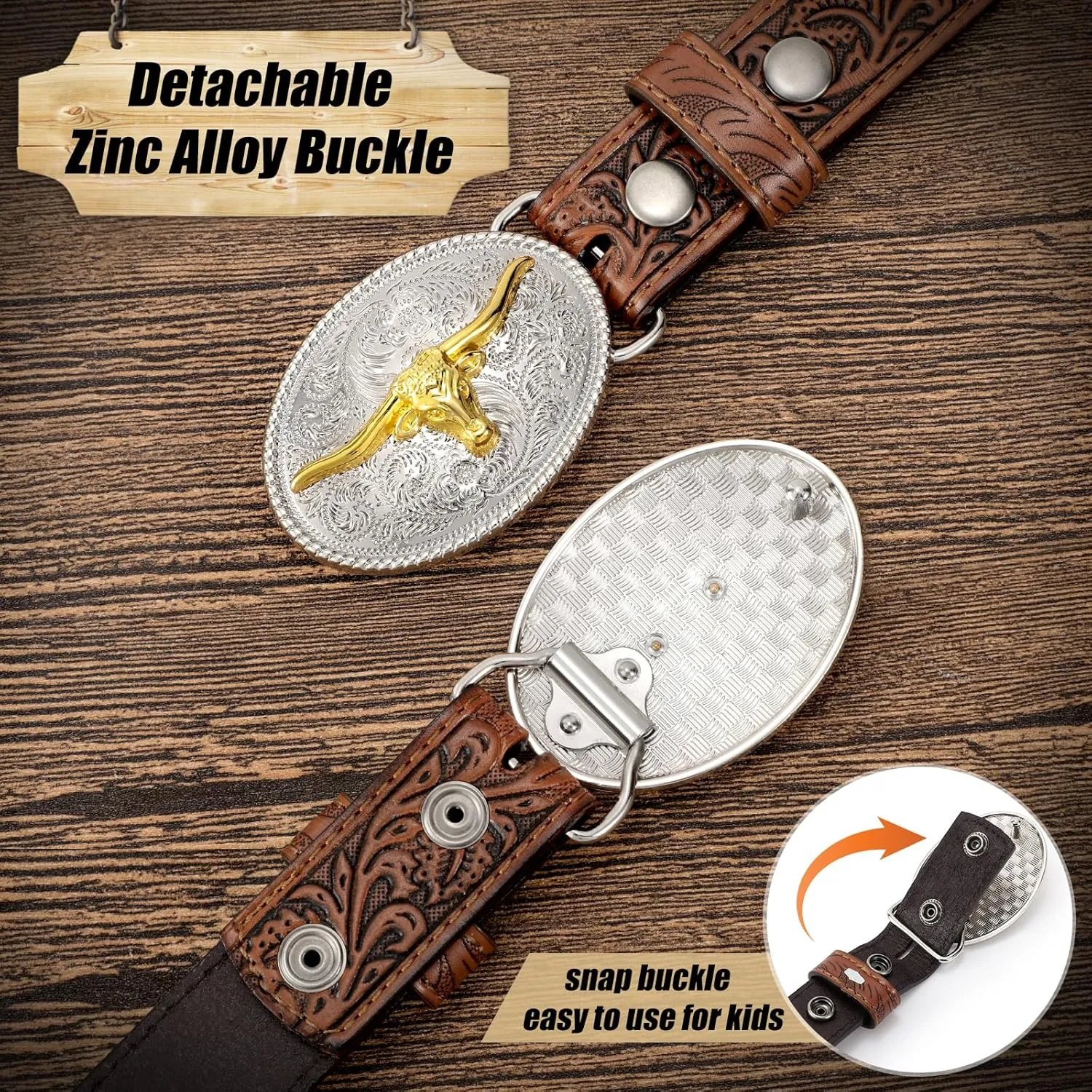 Kids Western Belt for Boys Girls, Embossed Genuine Leather Cowboy Cowgirl Belt for Jeans Pant Dresses Gift