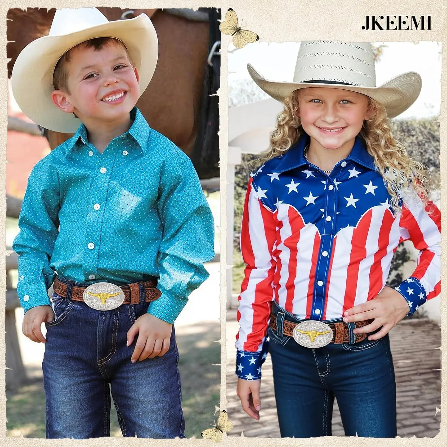 Kids Western Belt for Boys Girls, Embossed Genuine Leather Cowboy Cowgirl Belt for Jeans Pant Dresses Gift