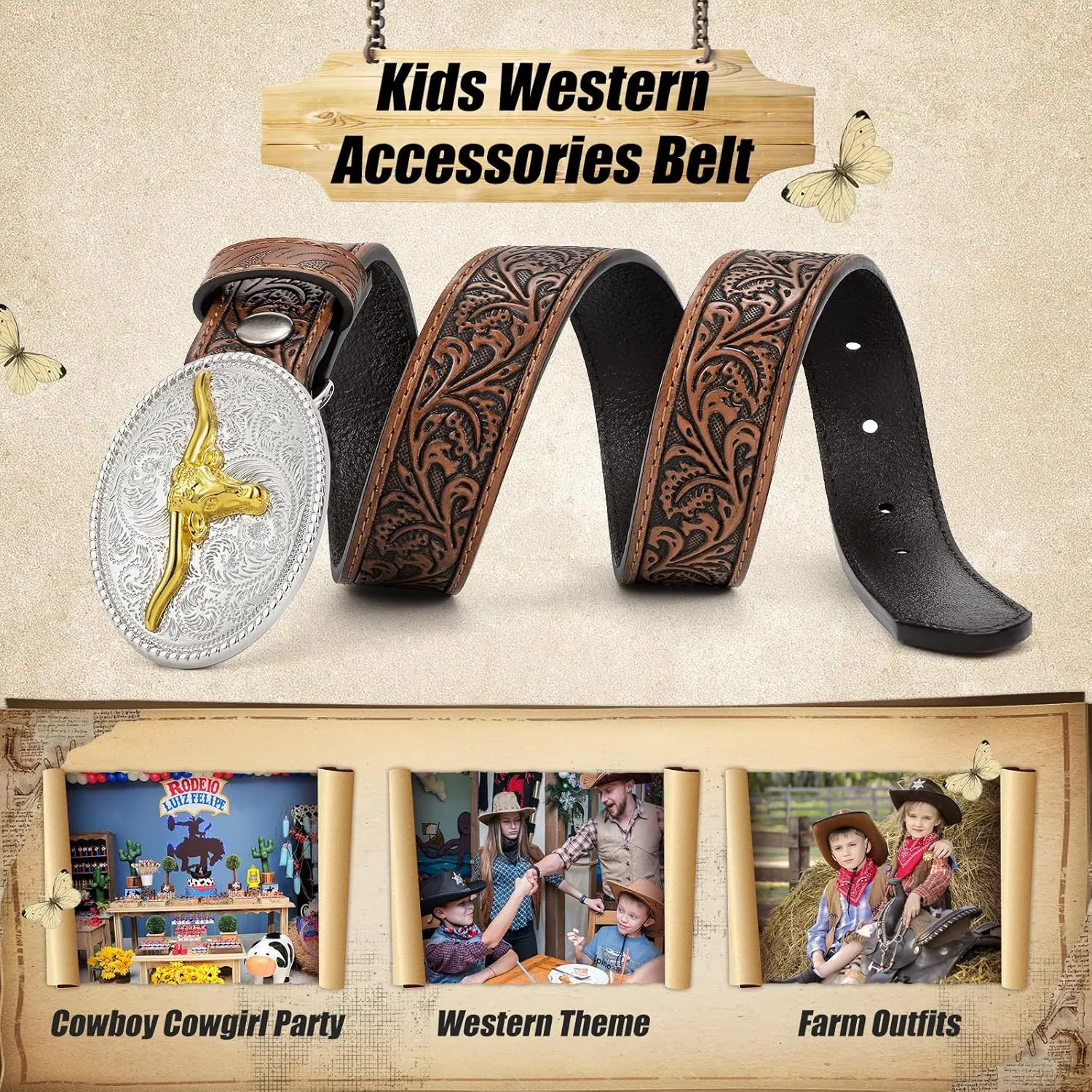 Kids Western Belt for Boys Girls, Embossed Genuine Leather Cowboy Cowgirl Belt for Jeans Pant Dresses Gift