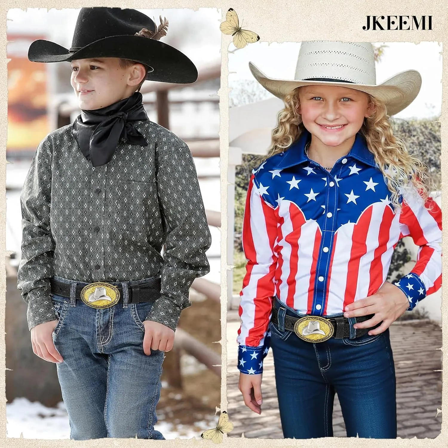 Kids Western Belt for Boys Girls, Embossed Genuine Leather Cowboy Cowgirl Belt for Jeans Pant Dresses Gift
