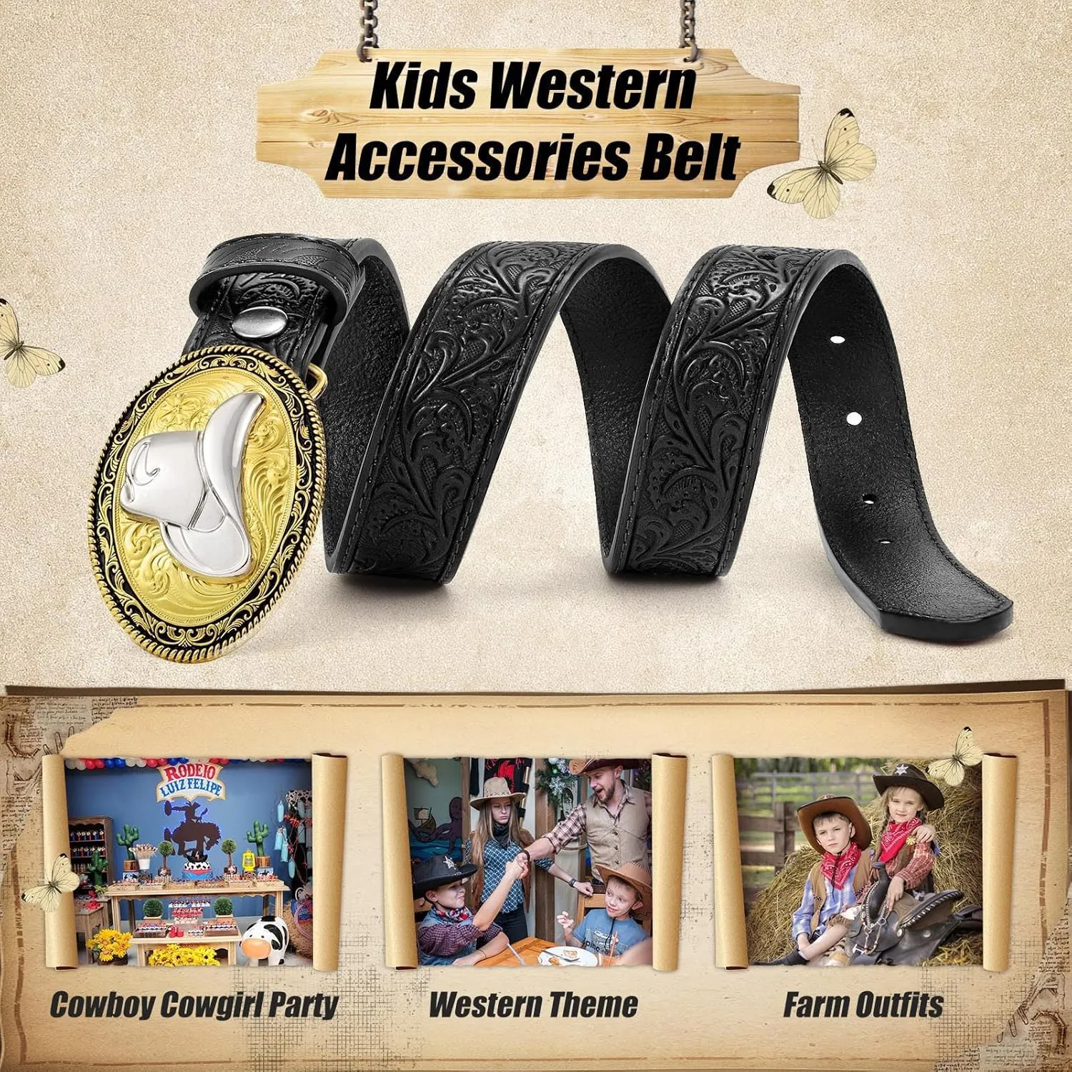 Kids Western Belt for Boys Girls, Embossed Genuine Leather Cowboy Cowgirl Belt for Jeans Pant Dresses Gift