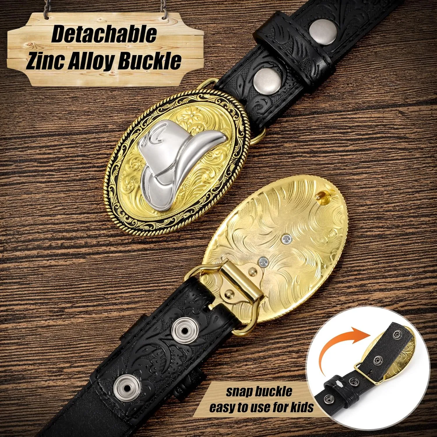 Kids Western Belt for Boys Girls, Embossed Genuine Leather Cowboy Cowgirl Belt for Jeans Pant Dresses Gift