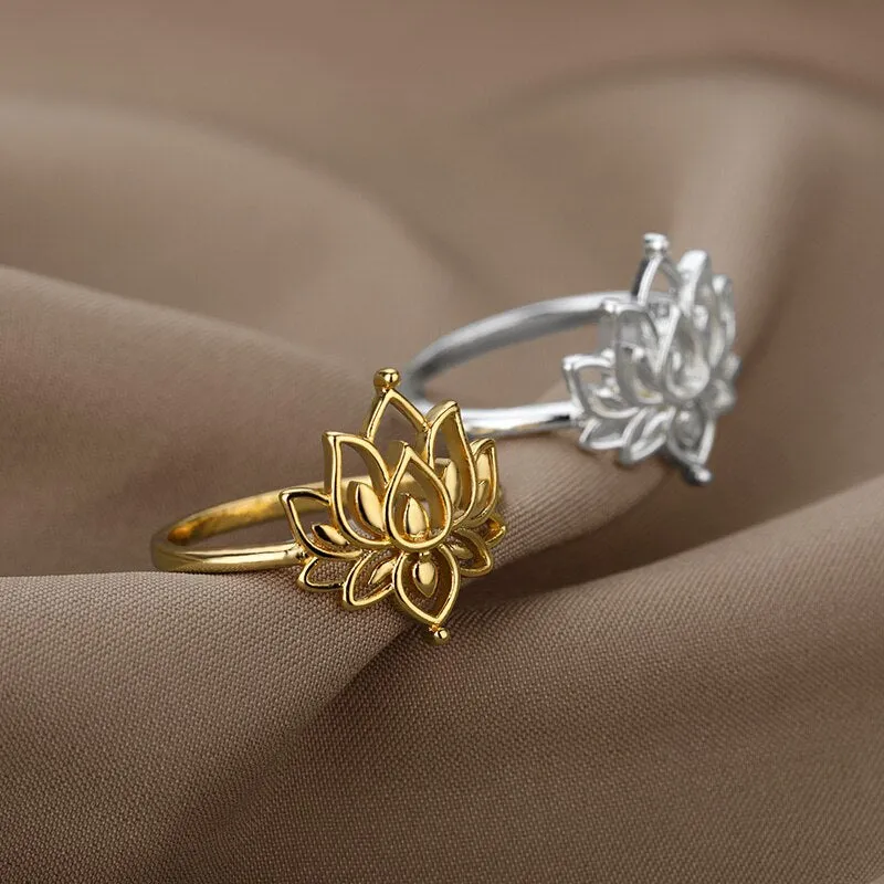 Lotus Rings For Women Vintage Gothic Stainless Steel Flora  Couple Ring