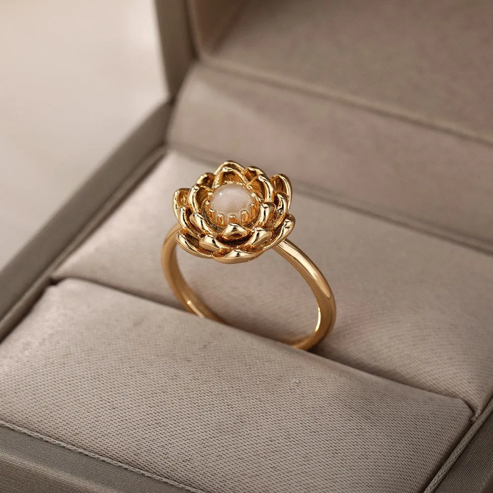 Lotus Rings For Women Vintage Gothic Stainless Steel Flora  Couple Ring