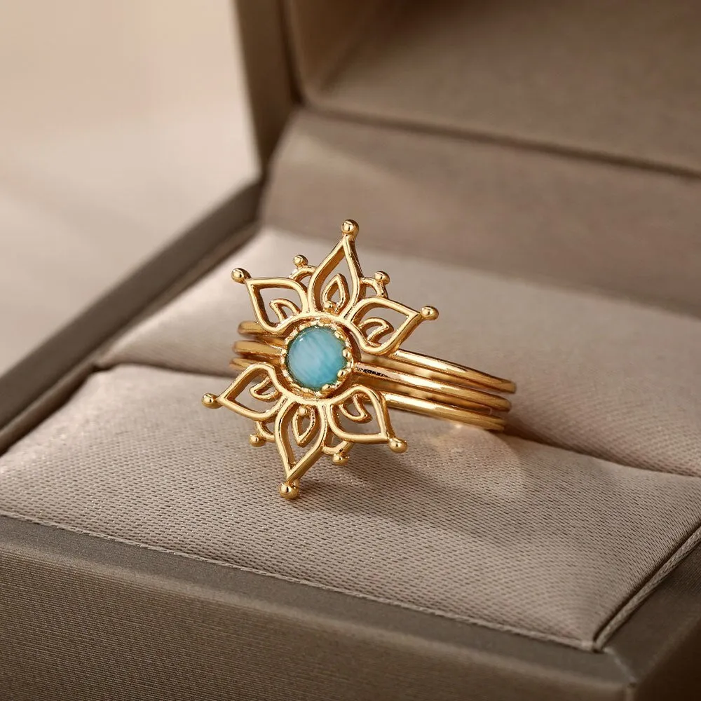 Lotus Rings For Women Vintage Gothic Stainless Steel Flora  Couple Ring