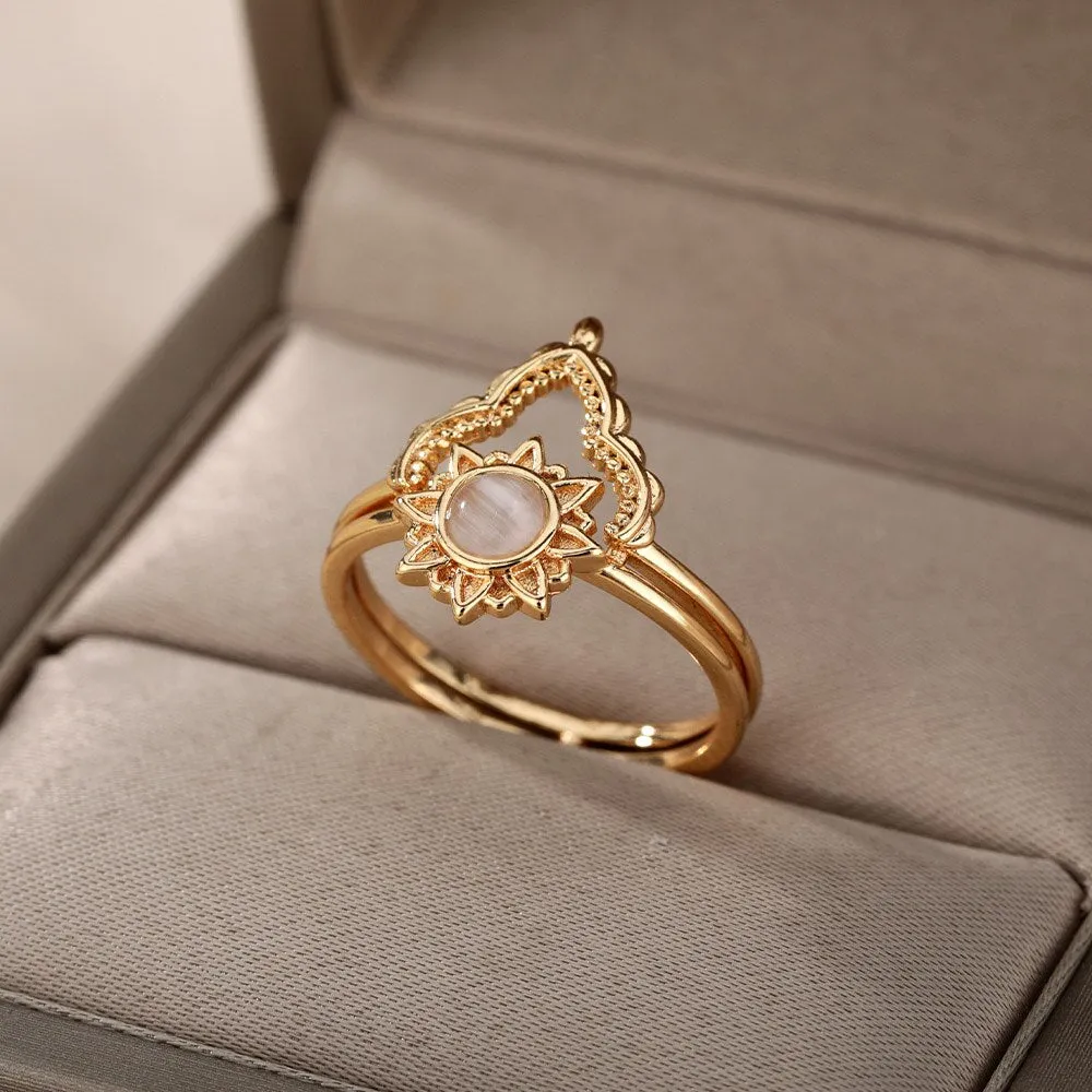 Lotus Rings For Women Vintage Gothic Stainless Steel Flora  Couple Ring