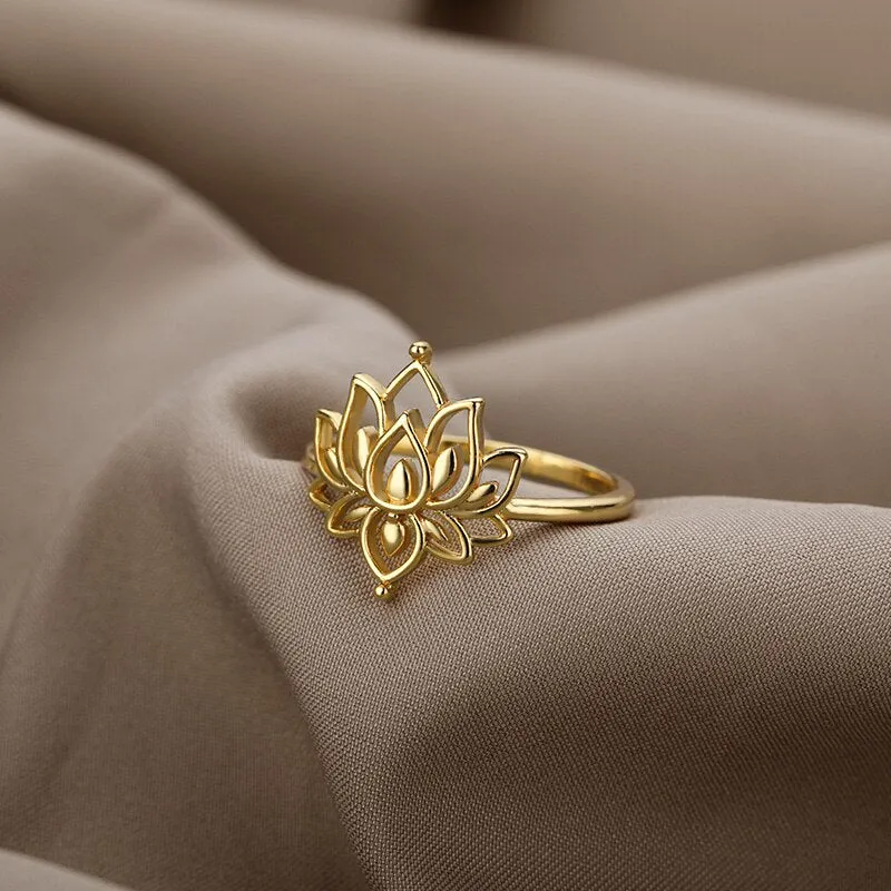 Lotus Rings For Women Vintage Gothic Stainless Steel Flora  Couple Ring