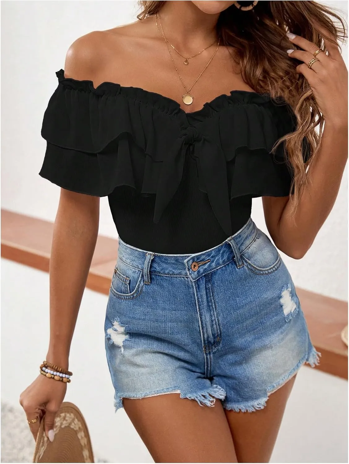 MakeMeChic Women's Off The Shoulder Tops Short Sleeve Tie Front Ruffle Layer Tee Shirts Blouse