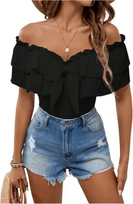 MakeMeChic Women's Off The Shoulder Tops Short Sleeve Tie Front Ruffle Layer Tee Shirts Blouse