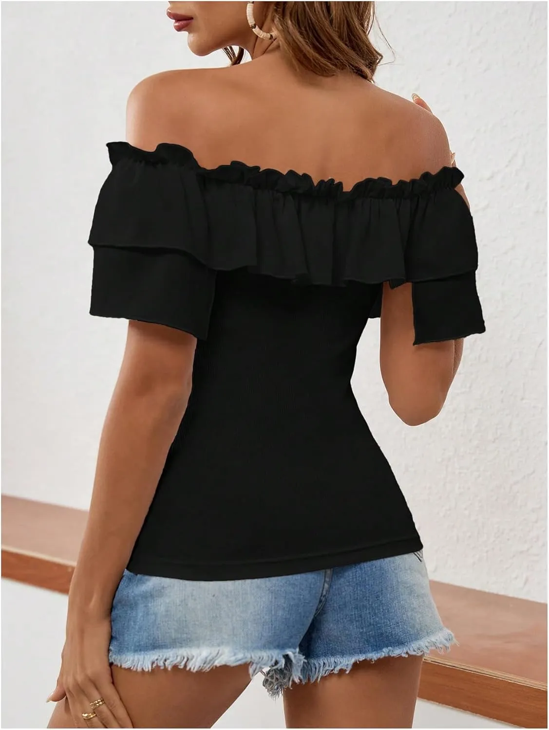 MakeMeChic Women's Off The Shoulder Tops Short Sleeve Tie Front Ruffle Layer Tee Shirts Blouse