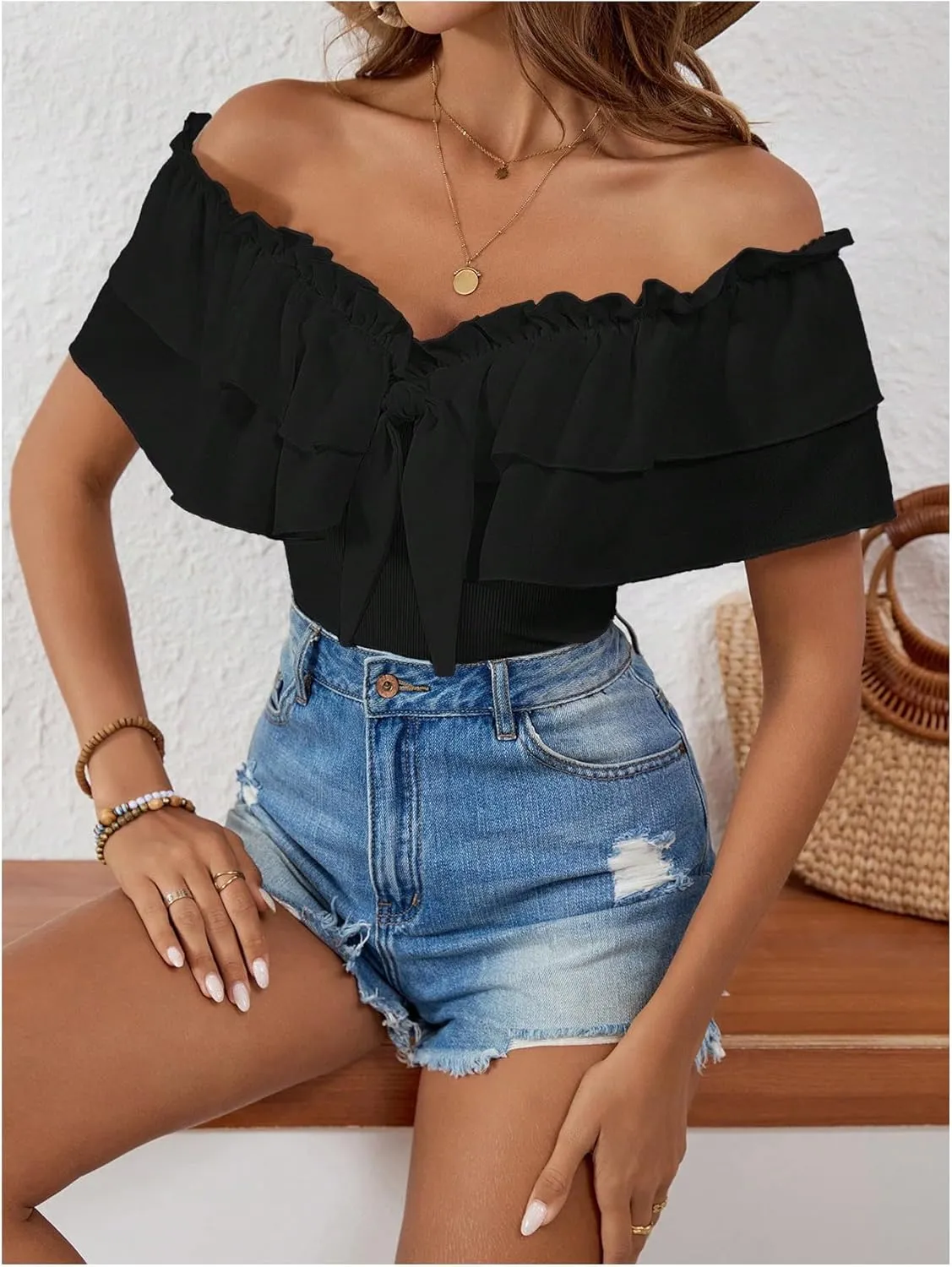MakeMeChic Women's Off The Shoulder Tops Short Sleeve Tie Front Ruffle Layer Tee Shirts Blouse