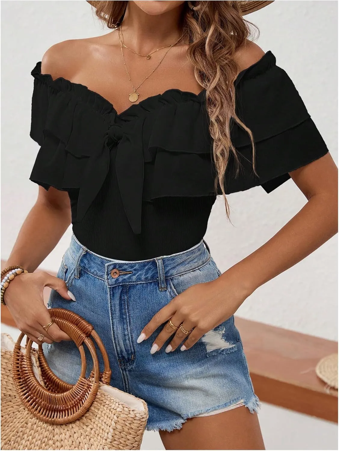 MakeMeChic Women's Off The Shoulder Tops Short Sleeve Tie Front Ruffle Layer Tee Shirts Blouse