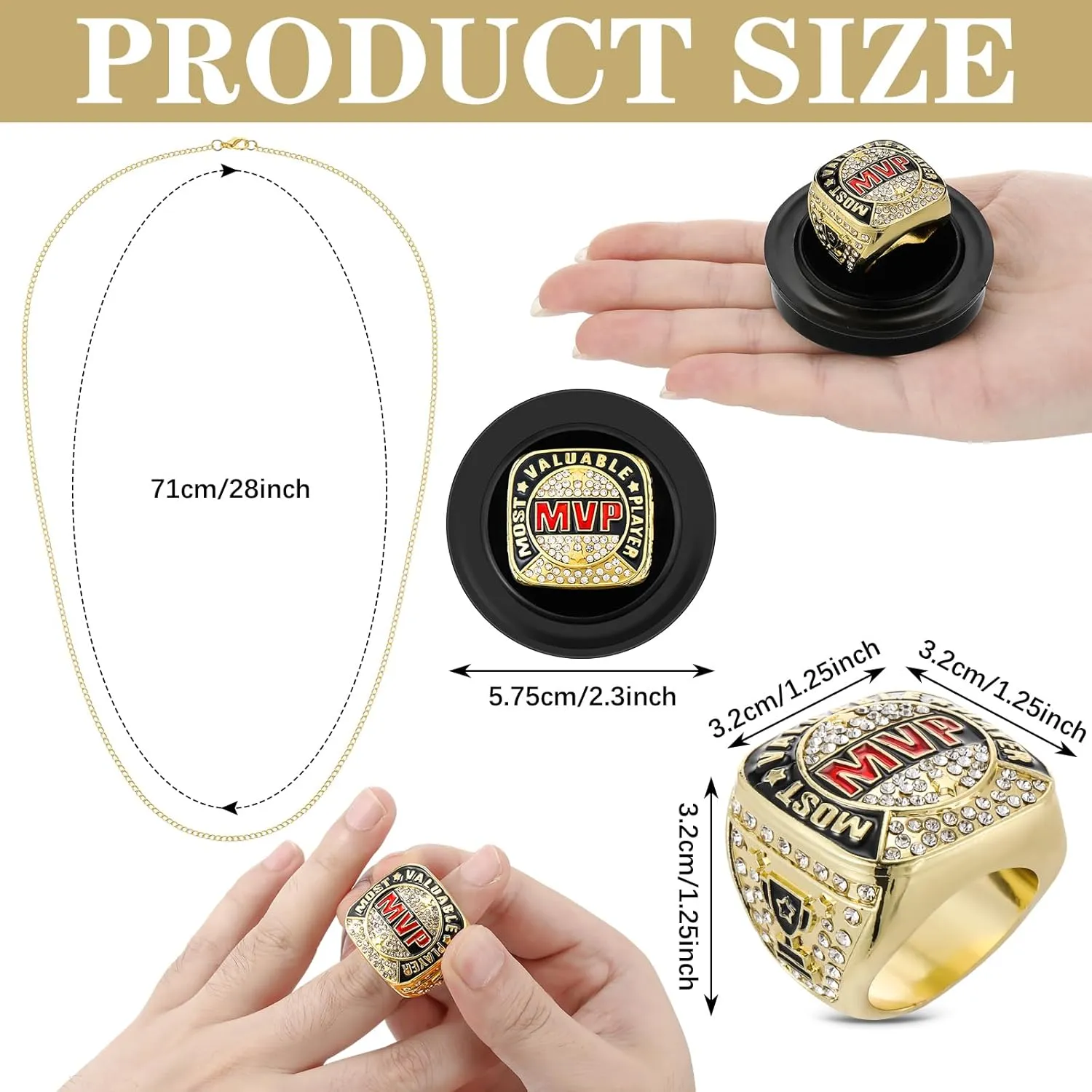 MVP Ring Most Valuable Player Ring Ball Games MVP Rings Sport Championship Trophy Ring with Display Neck Chain for Winner Tournament League Team Award Gift