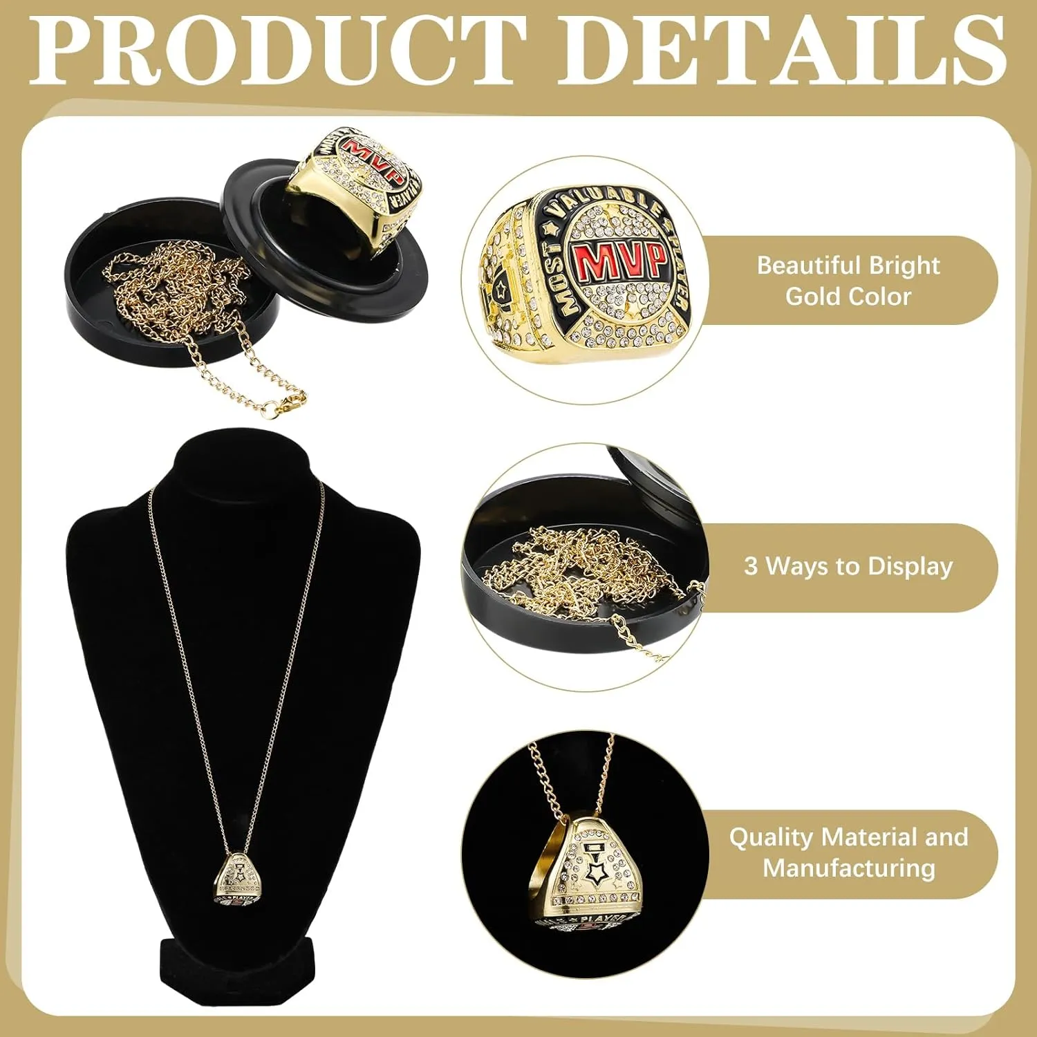MVP Ring Most Valuable Player Ring Ball Games MVP Rings Sport Championship Trophy Ring with Display Neck Chain for Winner Tournament League Team Award Gift