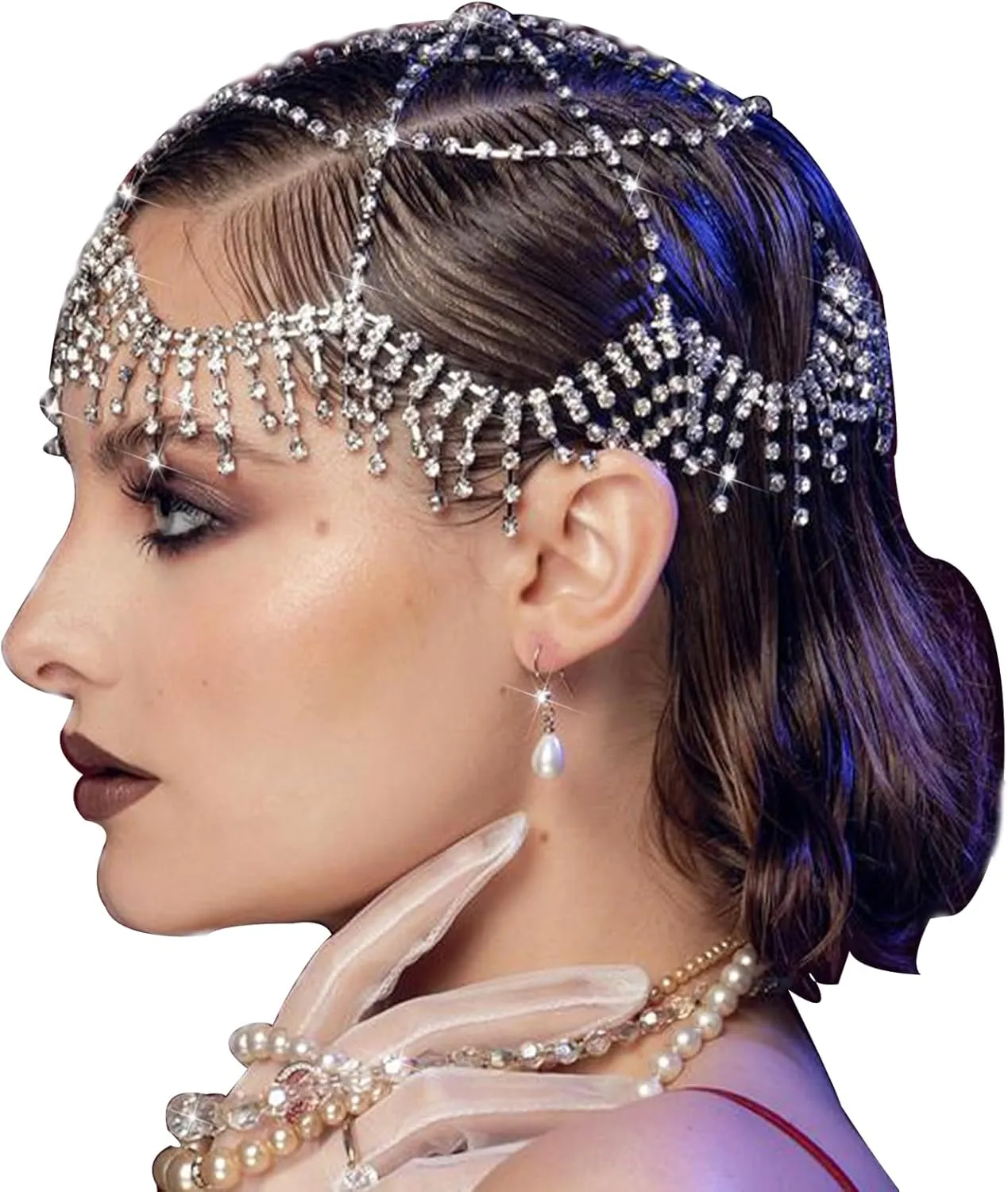 NAISKA 1920s Headpieces Rhinestone Mesh Cap Headchain Wedding Head Accessories Crystal Headband Brides Prom Costume Head Chain Vintage Style Festival Halloween Prom Costume Hair Accessories