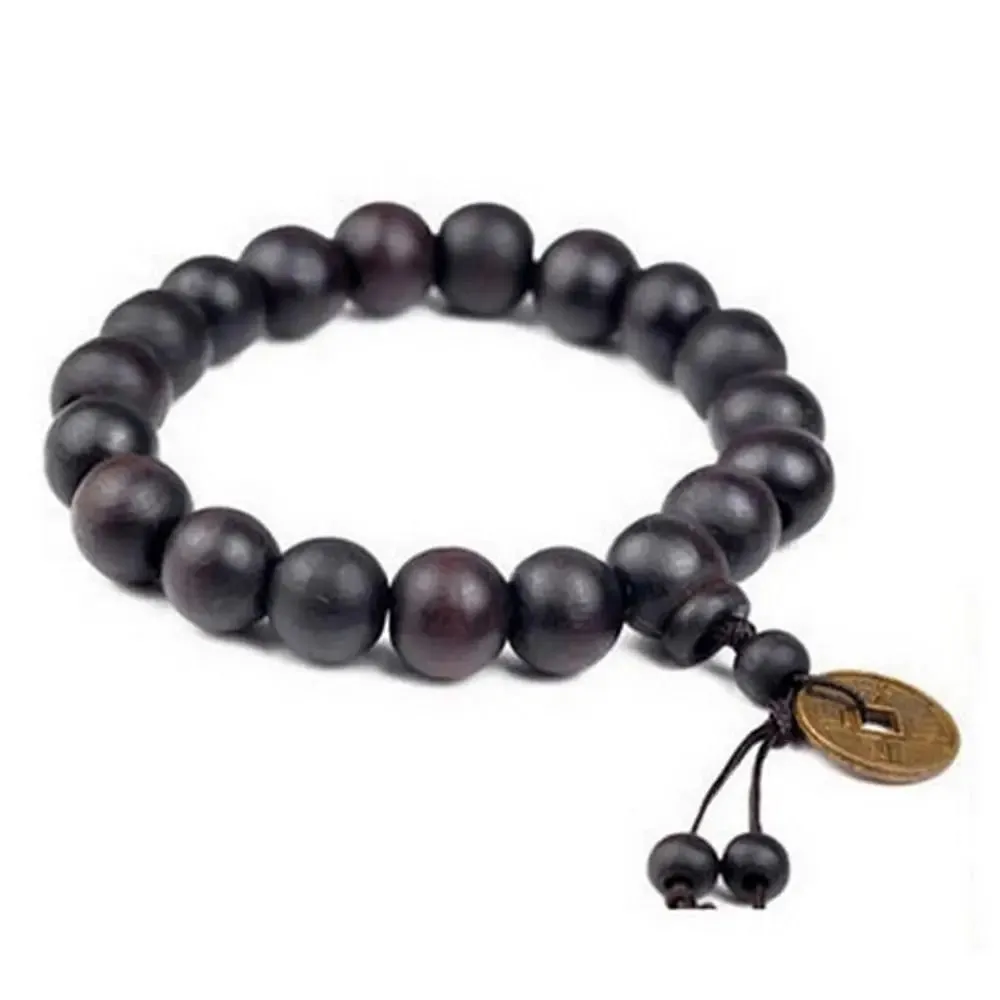 New Religion Buddhist Women Men Prayer Beads Wood Bead Bangle Copper Coin Buddha Bracelet